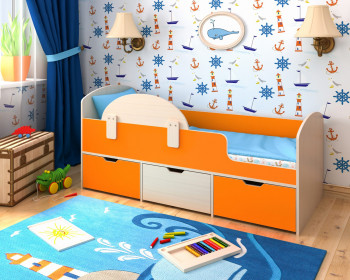 Кровать Малыш-мини с бортиком Дуб молочный/Оранжевый в Норильске - norilsk.mebel54.com | фото