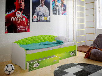 Кровать Софа-8 с мягкой спинкой фотопечать Футбол (900х1900) Белый/Лайм в Норильске - norilsk.mebel54.com | фото