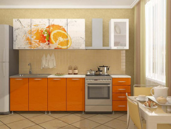 Кухонный гарнитур 1,6м Апельсин (Белый/Оранжевый металлик/Фотопечать апельсин) в Норильске - norilsk.mebel54.com | фото